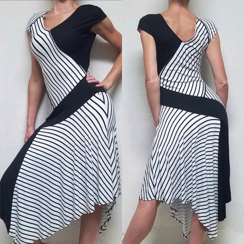 VINTAGE Asymmetrical Black White Striped Dress S